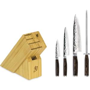 Shun Premier 5 Piece Starter Block Set, Includes 8" Chef's Knife, 4" Paring Knife, 6.5" Utility Knife, Honing Steel & Slimline Bamboo Knife Block, Handcrafted Japanese Knife Set, Pakkawood Handles (Brown)