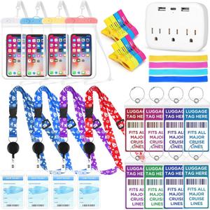 Cruise Essentials 2026,Travel Essentials Ship Essentials Kit Include Cruise Luggage Tags Holder,Cruise Lanyards,Cruise Power Strip,Towel Bands and Clips,Waterproof Phone Bags for All Cruise Lines