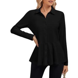Soneven Long Sleeve Button Down Shirts for Women Loose Fit Tunic Dressy Casual Collared Blouses Peplum Business Work Tops (Large, Black)