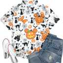 Womens Halloween Hawaiian Shirt Cute Pumpkin Spooky Castle Graphic Tee Magical Halloween Short Sleeve Button Up Tops (S)
