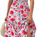 MASCOMODA Summer Maxi Dresses for Women 2025 Casual V Neck Puff Short Sleeve Smocked Flowy Beach Boho Long Floral Dress (Large, F-blue Red Flower)