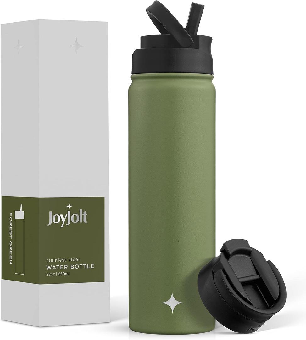 JoyJolt Triple Insulated Water Bottle with Straw Lid AND Flip Lid! 22oz Water Bottle, 12 Hour Hot/Cold Vacuum Insulated Stainless Steel Water Bottle. BPA-Free Leakproof Water Bottles - Thermos Bottle (Forest Green)