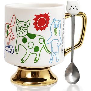 Christmas Mugs Whimsical Animal Ceramic fun Coffee Mug  14oz Childlike Hand-Drawn Cat, Dog & Bear Design  Cute gothic Coffee Cup Gift for Women, Girls, Kids (white)