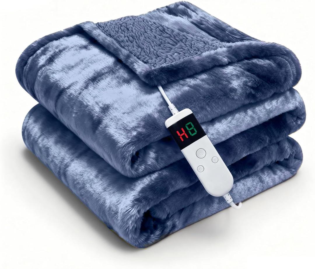 Electric Heated Blanket Throw 50''x60''Size Faux Fur Heating Blanket 10 Heating Settings, 1-8h Timer & Overheat Protection, Machine Washable, Soft Flannel and Sherpa Full Body Warmth (Navy)