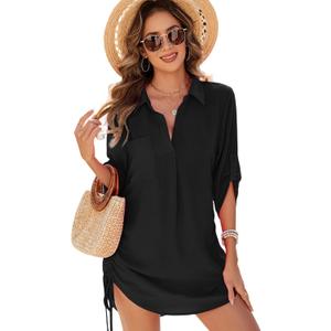 Urchics Swimsuit Coverup for Women 2025 Drawstring V Neck Bikini Swimwear Beach Cover Up Beach Shirt Dress (Black, S)
