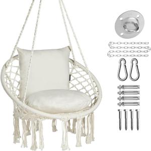 JoyView Macrame Hammock Chair Hanging Swing Chair Max 330 Lbs with 2 Cushions and Hardware Kits for Indoor Outdoor Bedroom Patio Garden - Beige