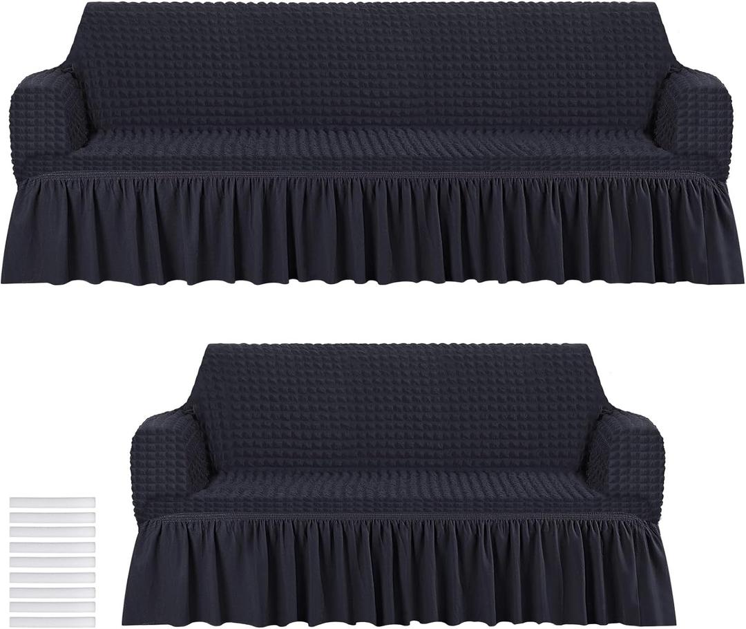 Fanfanwin 2 Pcs Sofa Slipcover Set for Couch Cushion Couch Cover with Skirt Durable Washable High Elastic Stretchable Furniture Covers for Sofa Loveseat Arm Chair(Black)