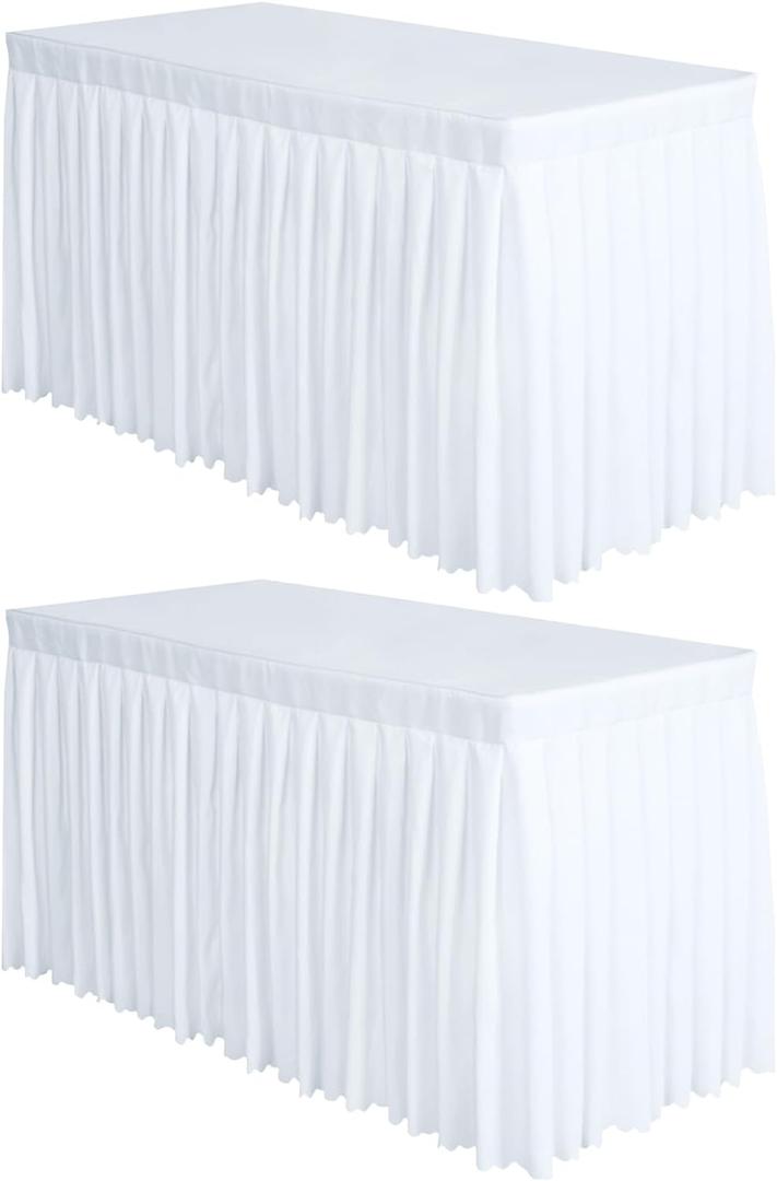 Surmente 2 Pack White Table Skirt, 14ft Polyester Tablecloth for Weddings, Banquets, or Restaurants