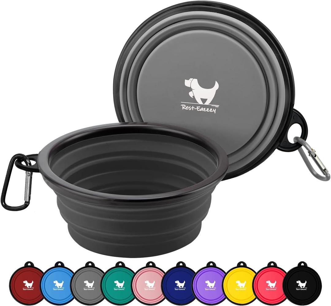 Collapsible Dog Bowls for Travel, 2-Pack Dog Portable Water Bowl for Dogs Cats Pet Foldable Feeding Watering Dish for Traveling Camping with Carabiners, BPA Free (Grey&Black, Large)
