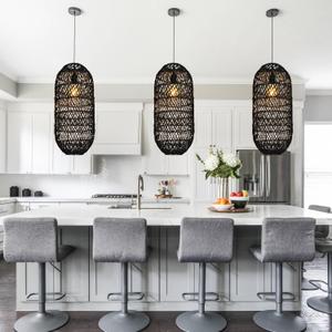 Arturesthome 1 Light Rustic Rattan Basket Pendant Light Fixture, Boho Wicker Chandelier Lamp Black, Coastal Handmade Crafts Lampshade, Farmhouse Hanging Ceiling Lighting for Dining Kitchen (9.8in * 23in)