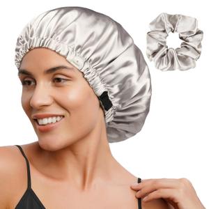 YANIBEST Adjustable Satin Bonnet Double Layer Hair Bonnet for Sleeping Bonnets for Women Hats Curly Natural Hair, Ash Grey (One Size)