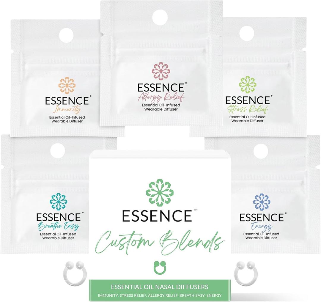 Essence Nasal Diffuser Custom Blends Bundle  Essential Oil Silicone Nose Rings for Energy, Immunity, Stress & Allergy Relief  Wearable Aromatherapy for Daily Wellness & Relaxation