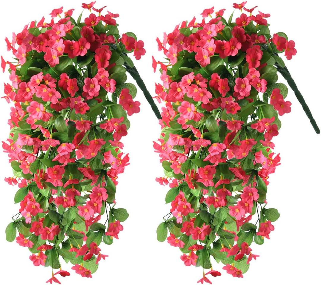 ZFProcess Artificial Fake Hanging Flowers Plants for Outdoor Spring Summer Decoration, 2PCS Faux Silk Violet UV Resistant Look Real Trailing Vines for Outside Home Planter Porch Patio(Rose red)