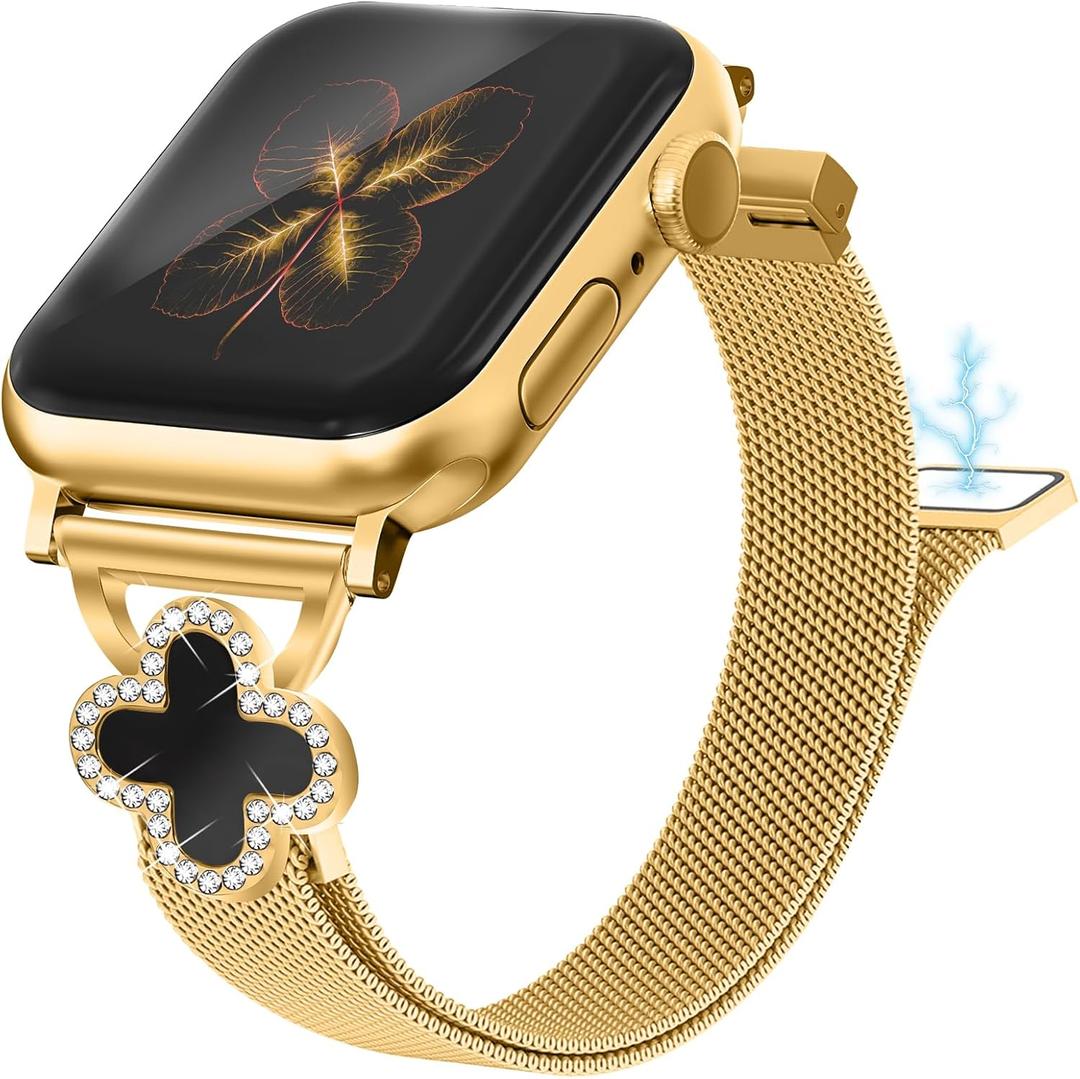Joyozy Slim Metal Band Compatible with Apple Watch Band 38mm 40mm 41mm 42mm 44mm 45mm 46mm 49mm Skinny Magnetic Strap with Bling Charms, Cute Stainless Steel Band, Dressy Thin iWatch Bracelet for Women (Gold)