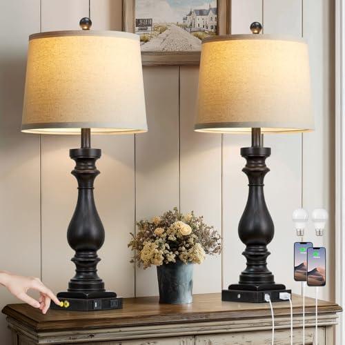 luxeflow 29" Tall Vintage Table Lamps Set of 2,Black Farmhouse Bedside Lamps with USB C+A Ports & AC Outlet,3-Way Dimmable Touch Lamp for Night Stands Living Room Bedroom,Black