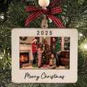 Christmas Ornament -2025 Merry Christmas Wooden Photo Frame with Hanging String for Xmas Tree Decoration Holiday Decor (Landscape)