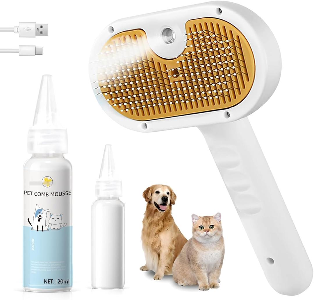 Pet Steam Brush for Dog & Cat  3-in-1 Spray Hair Removal Comb  Steam for Shedding & Grooming  Water Brush for Long & Short Haired Pets  Spritz Defur Comb  Includes Waterless Shampoo (7.8-shampoo)
