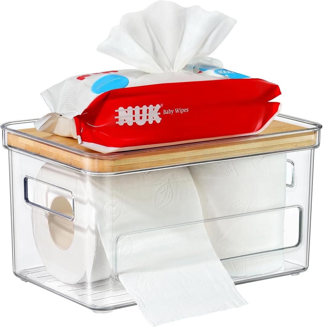 Toilet Paper Holder Stackable Toilet Tissue Storage with Bamboo Lid, Acrylic Clear Trash Bag Holder Dispenser for Counter Organization