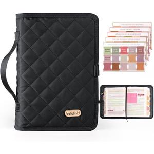 BellaHold Adjustable Bible Cover with 75 Bible Tabs - Bible Cover Case for Women, Waterproof, Washable Quilted Bible Case, Reusable Christian Gifts for Women (Black, M)