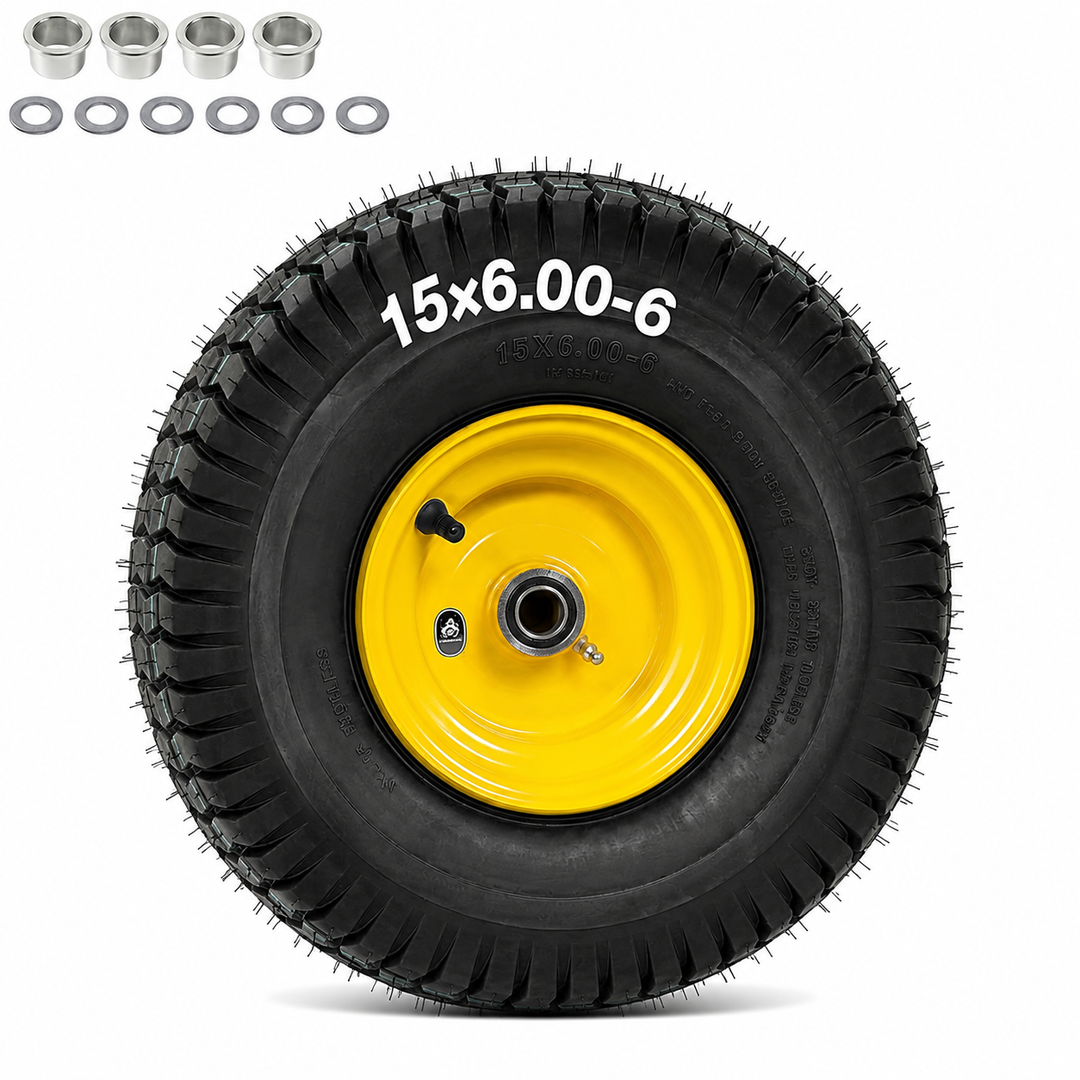 15x6.00-6 Tubeless Lawn Mower Tire and Wheel with 3/4" bearing bore, with 5/8 Bearings & Spacers, for John Deere Mower, Craftsman, Husqvarna Lawn Tractor, 570 lbs Capacity, 4 Ply, 1 Pack