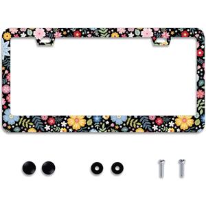 Personalise Colorful Floral Flowers License Plate Frame License Plate Frames Car Universal Stainless Steel Accessories Cars Decor with 2 Holes and Screws Fits Standard US Vehicles Size 12.2 x 6 Inches