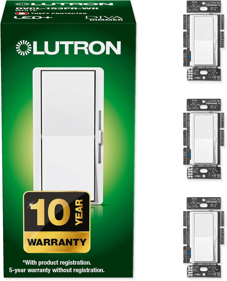 Lutron Diva LED+ Dimmer Light Switch for Dimmable LED, Halogen, and Incandescent Bulbs, 150 Watt, Single-Pole or 3-Way, DVCL-153P-WH-3-A, White, 3 Pack