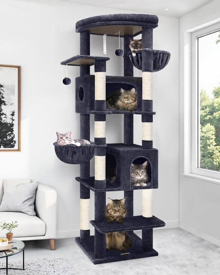 Globlazer Heavy Duty Cat Tree, 74in Sturdy Cat Tower for Large Cats Adult, Big Cat Tree with 7 Sisal Scratching Posts, 2 Padded Condos, 2 Dual-Ear Hanging Baskets, Enlarged Top Perch, S74, Dark Grey
