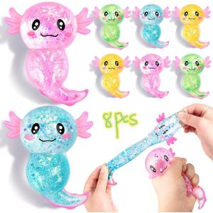8PCS Glitter Stress Relief Axolotl Toy Cute Malt Sugar Filled Sensory Fidget Toy for Kids Adults Soothing Birthday Party Favors Gift (4 Colors)