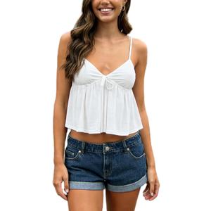 Women's Y2K Babydoll Cami Top Sleeveless V Neck Tie Front Crop Top Ruffle Hem Peplum Tank Shirt Going Out Camisole (White, S)