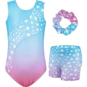 JiAmy Girls Gymnastics Leotards, Glitter Ballet Dance Unitards Biketards Activewear with Short & Hairband for Kids 8-9