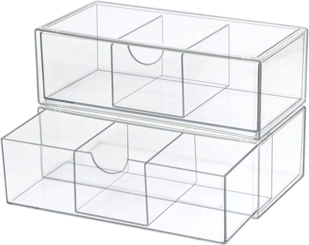 Set of 2 Stackable Storage Drawers - 7.8" Clear Plastic Drawer Storage, Acrylic Makeup Organizer, Desk Counter Cabinet Office Organizer, Bathroom Organizers and Storage (3 Grid/Set of 2)