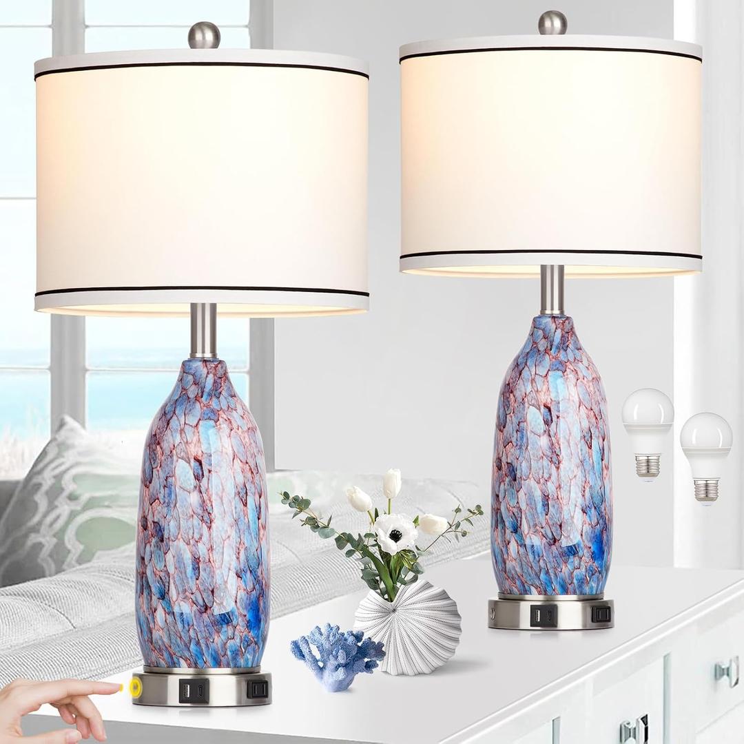 26" Coastal Glass Table Lamps Set of 2,Nautical lamp with USB A+C Ports & AC Outlet,Bule Bedside Lamps with 3-Way Dimmable Touch Control Night Light for Bedroom Living Room(Bulbs Included)