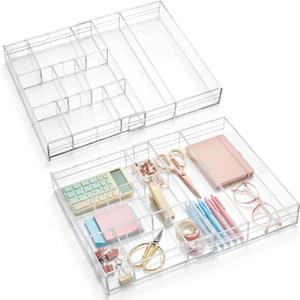 Briwooody 2 Pcs Acrylic Desk Drawer Organizer Maximum 11.8 x 17 x 1.9 Inch Expandable Drawer Organizer Trays with 7 Adjustable Compartments Desk Accessories for Makeup Silverware Office Bathroom