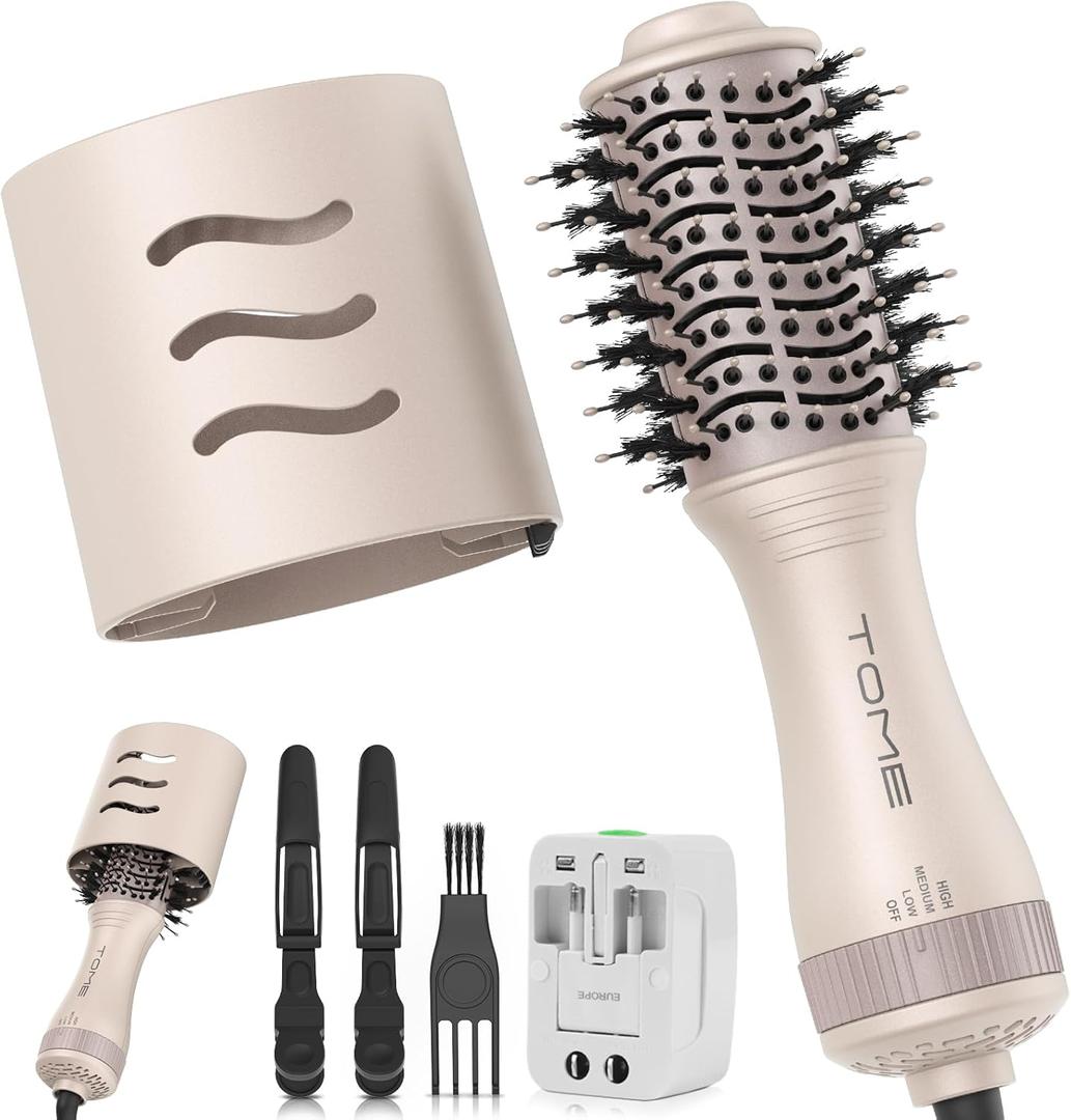 Travel Hair Dryer Brush, Dual Voltage Blow Dryer Brush, Mini Hot Air Portable 2 inch Travel Hair Dryer Styler Volumizer Oval Shape (Tome Color)