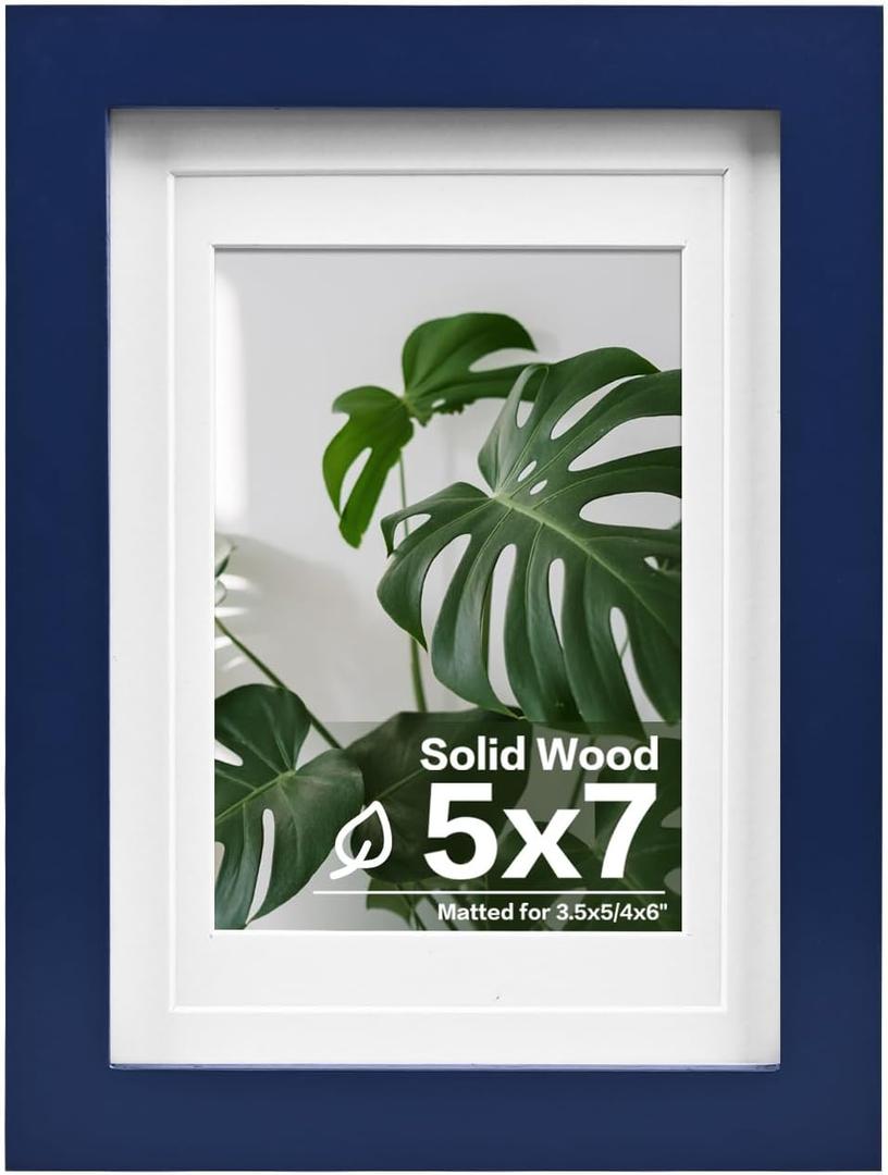 Egofine 5x7 Picture Frame Made of Solid Wood,Covered by Plexiglass Display Pictures 3.5x5/4x6 with Mat or 5x7 Without Mat for Table Top Display and Wall Mounting Photo Frame, Navy Blue