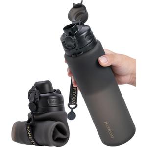 Collapsible 32oz Silicone Water Bottles, Foldable Travel Bottle with Strap, BPA Free, Leakproof for Hiking, International Travel, Outdoors(Black) 