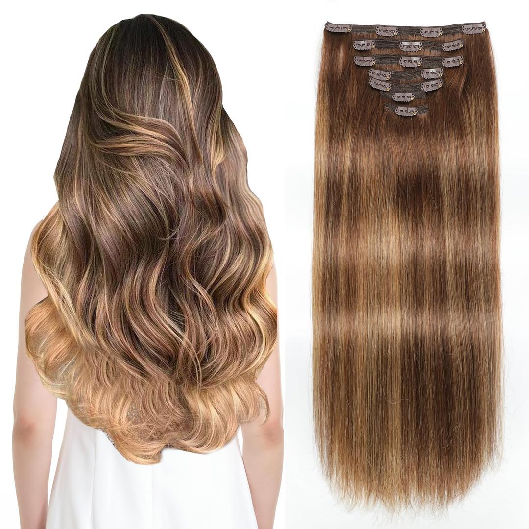 Sisily Clip in Hair Extensions Real Human Hair, 14 inch 130g, Chocolate Brown To Caramel Blonde, 100% Brazilian Remy Human Hair Clip in Extensions Soft Straight 7pcs Per Set with 16 Clips Double Weft