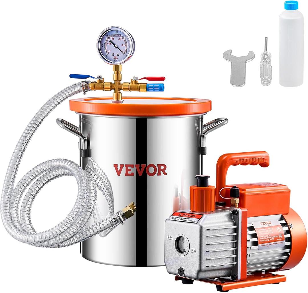 VEVOR 3 Gallon Vacuum Chamber and 3.5 CFM Pump Kit, Stainless Steel Chamber, Single Stage Vacuum Pump Degassing Chamber Kit, with Acrylic Lid, Oil, 4.92 ft Hose, for Degassing Resin Silicone Epoxies