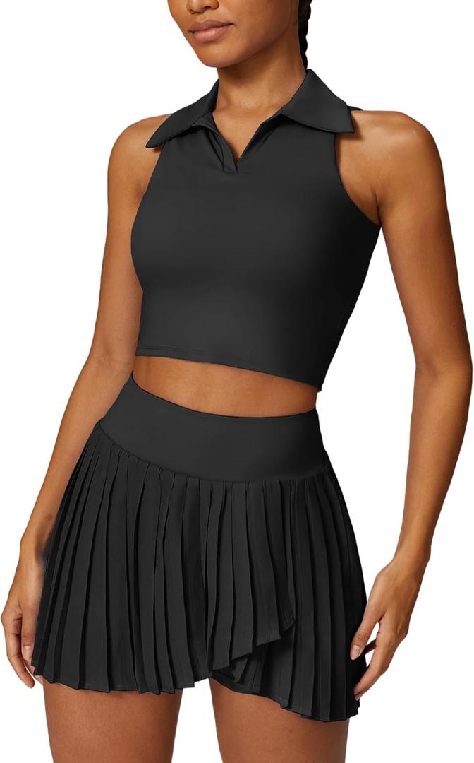 Women 2 Piece Tennis Dress High Waisted Pleated Skirt Sets Seamless Golf Outfits Sleeveless Racerback Padded Crop Top (Black)