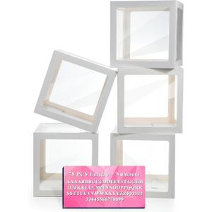 Baby Boxes with Letters, 5 Transparent Baby Shower Balloon Boxes with 78 Letters & Numbers for Gender Reveal Decorations Birthday Wedding Party Grad Backdrop Bridal Shower, White