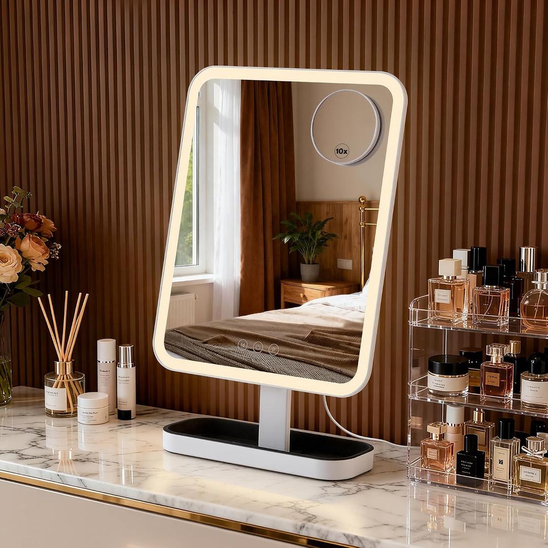 Hollywood Vanity Mirror with Lights: 15"x12" Large Lighted Makeup Mirror, Smart Touch with 3-Color Lighting, Dimmable, 30 Rotation Led Light up Mirrors with Storage - Plug in, White