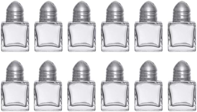 Mini Glass Salt & Pepper Shakers Set with Metal Lids  Durable Clear Glass Cube Design, Easy Refill, Perfect for Restaurant Tables, Kitchen & Events  Compact Refillable Shakers, 12 Pack