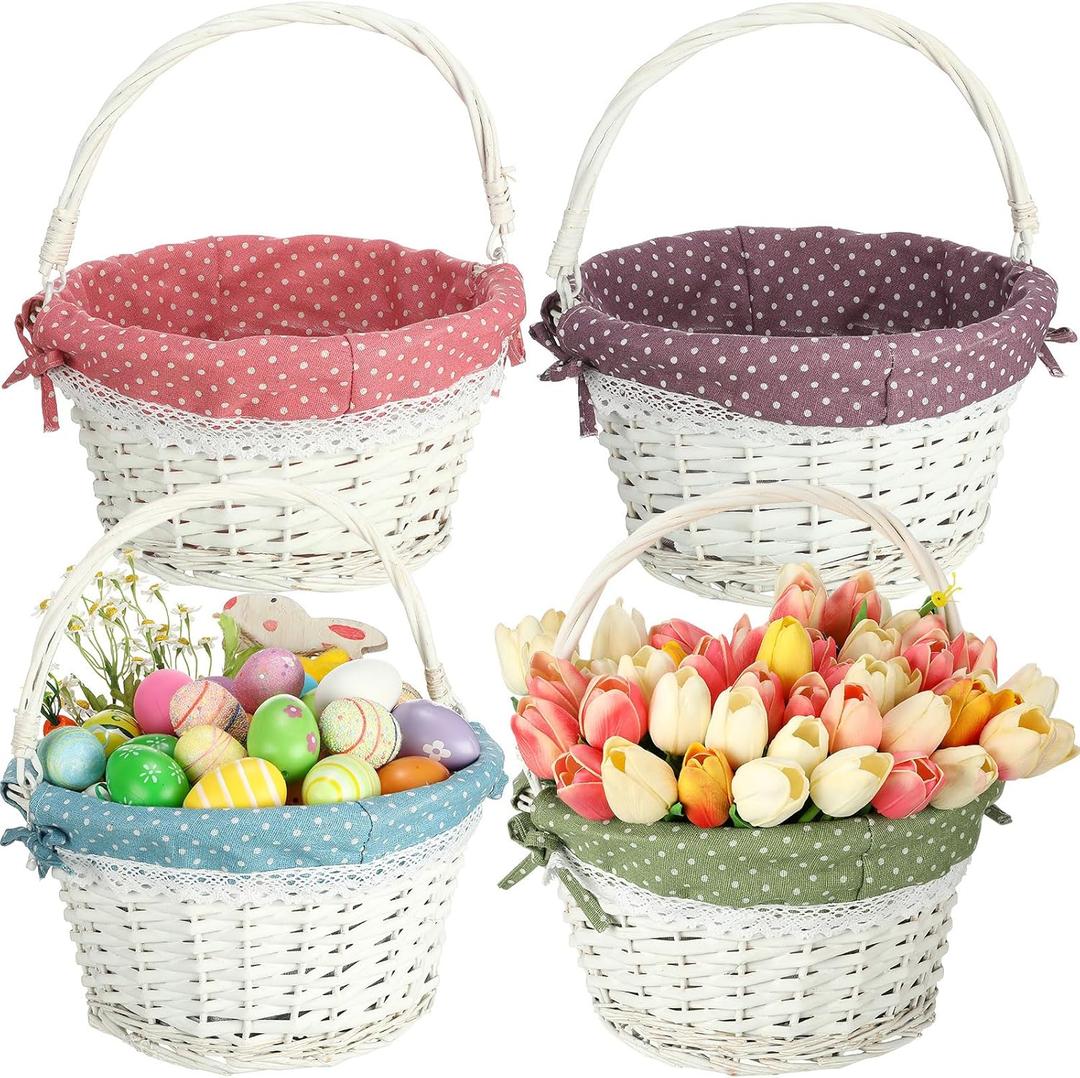 Cinnvoice 4 Pcs Easter Baskets Wicker Gift Basket with Folding Handles and Removable Liner Easter Egg Hunt Willow Picnic Basket Easter Candy Storage Weddings Basket Garden and Home Decoration