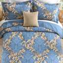 King Quilt Set 100% Cotton Blue Damask Floral Bedspread, Classic European Style Reversible Quilt Bedding Set 3 Pieces, Lightweight All Season, Dark Blue & Brown
