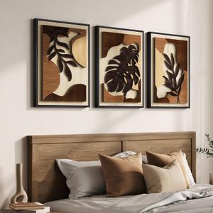 Framed Wood 3D Boho Tropical Botanical Wall Decor Art Bedroom, 16x24 Inch, 16" W x 24" H x 3Pcs
