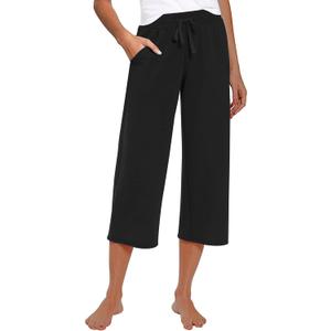 RESHE Women's Capri Yoga Pants Loose Soft Drawstring Workout Sweatpants Causal Lounge Pants with Pockets (Black, S)