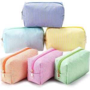 Sanwuta 6 Pcs Seersucker Cosmetic Bags Bulk Seersucker Makeup Bags Stripe Women Pouch Large Preppy Storage Pouch Toiletry Travel Organizer for Wedding Bridesmaid Bride Favor Mom Gift (Rainbow) (EXP 11/12/26)