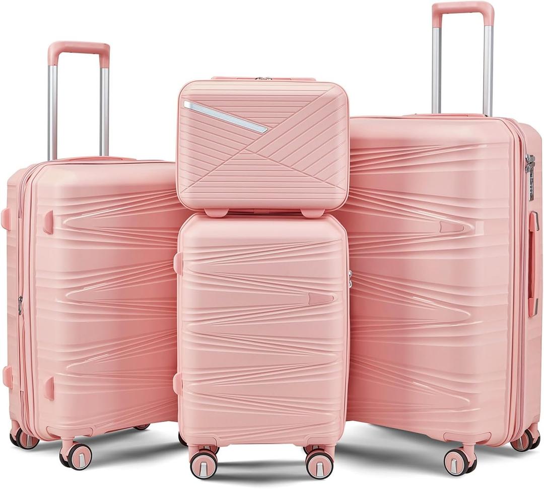 TRAVELEO 4 Piece Luggage Set PP Hardshell, Expandable Suitcase Set (20/24/28) with 14" Cosmetic Case, Lightweight Spinner Wheels with TSA Lock, Detachable Wheels for Nesting Storage (Pink)