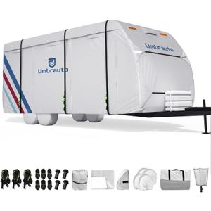 Umbrauto 300D Oxford RV Cover for 33-35ft Travel Trailer  Waterproof & Windproof Camper Cover with Sun-Reflective Silver Coating, Includes 4 Tire Covers & Accessories for All-Season Protection