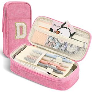 Pencil Bag, Pencil Case for Girls Women, Preppy Pencil Case, Large Initial Pencil Pouch with Zipper, Back to School Supplies, Aesthetic Pen Case Box for Kids Teen Girls - D(Pink)